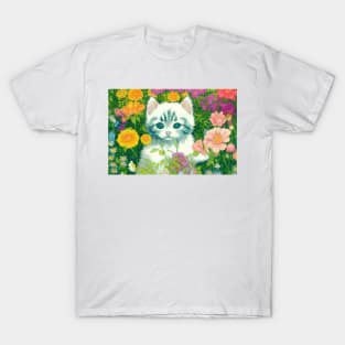 Adorable white kitty cat surrounded with flowers T-Shirt